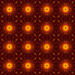 Seamless square pattern from red and orange geometrical abstract ornaments on a dark background. Bright vector illustration. Suitable for fabric, wallpaper and wrapping paper