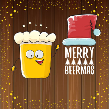 Merry beermas vector christmas greeting card with beer glass cartoon character and red santa hat isolated on wooden background. Vector funky christmas beer party poster design template
