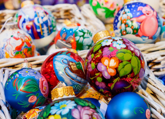 Fototapeta na wymiar Colorful Christmas balls with various decorative patterns.