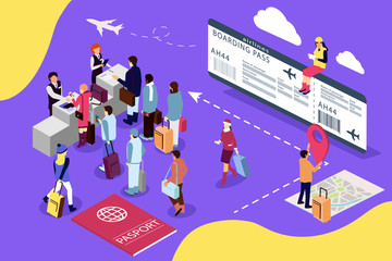 Airport isometric travel concept with reception and passport check desk, waiting hall, control. Illustration for web page, banner, social media, documents, cards, posters.