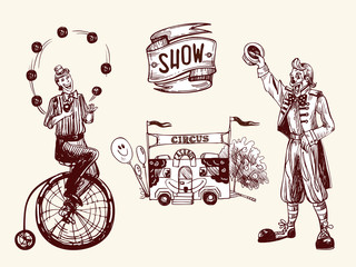 Circus illustration with juggler, funny clown and cashbox with balloons. Vector illustration in sketch and vintage style.