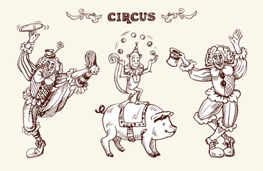 Fototapeta na wymiar Circus illustration with clowns, a juggling monkey and a pig. Vector illustration in sketch and vintage style.