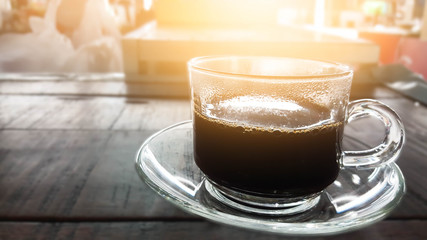 Coffee cup  on old kitchen table , Cup of hot espresso coffee on wood table, black coffee from arabica, background - Image