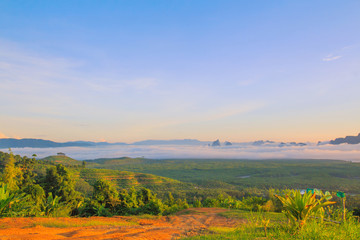 Morning light tour with mountains near the sea, Samed Nang Chee viewpoint tropical zone in Phang Nga Thailand.