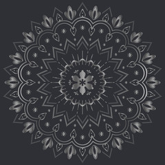 Beautiful round silver floral mandala on black dark background. Vector boho ornamental illustration.
