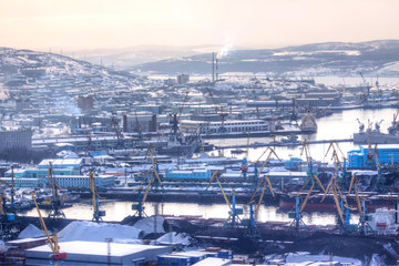 Murmansk, winter, snowfall. Sea Cargo Port