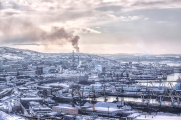 Murmansk, winter, snowfall. Sea Cargo Port