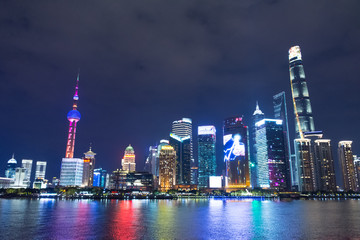 Shanghai. The tower is the Pearl of the East and skyscrapers of Pudong district.
