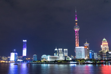 Shanghai. The tower is the Pearl of the East and skyscrapers of Pudong district.