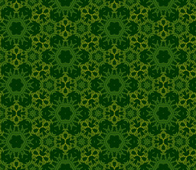 Seamless hexagonal pattern from green geometrical abstract ornaments on a dark background. Vector illustration. Suitable for fabric, wallpaper and wrapping paper