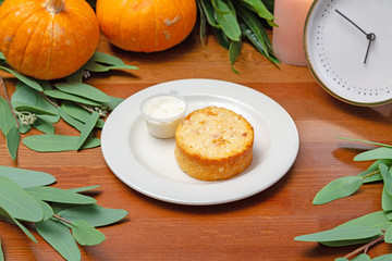 Cottage cheese casserole in a plate on the table