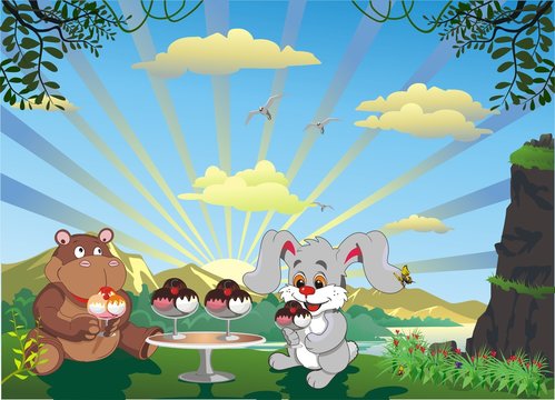 Picture - Rabbit And Hippo With Ice Cream Outdoors