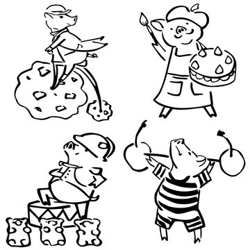 cute vector funny set costumed funny pigs