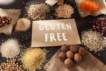 Gluten free flour and cereals millet, quinoa, corn bread, brown buckwheat, rice, bread and pasta...