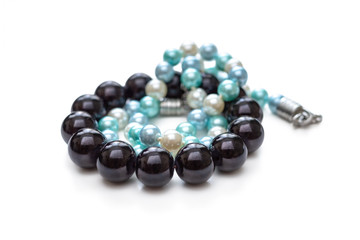 Bracelet and necklace of white and blue beads