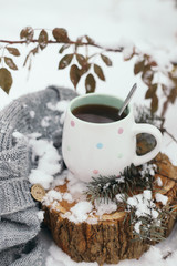 cup of tea on a snow background. xmas time