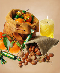 Fototapeta na wymiar Presents and sweets for Christmas (Sant Nicolaus day)