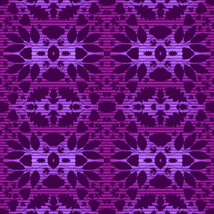 Seamless striped pattern from purple and violet geometrical abstract ornaments on lilac background. Vector illustration. Suitable for fabric, wallpaper and wrapping paper