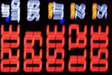 Board prices at the gas station in Ukraine. Abstract background of blurry colorful of motions LED lights.