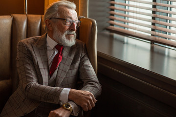 Grey haired old male business owner dressed in formal wear and spectacles, suit with red tie,...