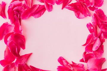 Flat lay composition with red petals on a light pink background