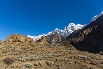 Naklejka premium Landscape of snow capped mountain range. A view from the glacier, Babusar Pass, Khyber Pakhtunkhwa, Gilgit Baltistan, Northern Pakistan.