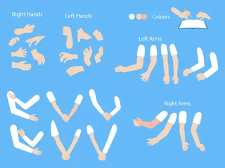 Fotobehang Set of human hands with different gestures collection for design, animation,Palm and finger draw icons, skin, white Long sleeved shirt, arm on blue background, flat style cartoon vector illustration. © Poi Natthaya