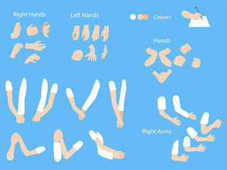 Set of human hands with different gestures collection for design, animation,Palm and finger draw icons, skin, white Long sleeved shirt, arm on blue background, flat style cartoon vector illustration.