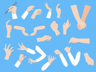 Set of human hands with different gestures collection for design, animation,Palm and finger draw icons, skin, white Long sleeved shirt, arm on blue background, flat style cartoon vector illustration.