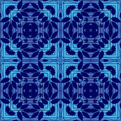 Seamless square pattern from dark blue geometrical abstract ornaments on a light striped background. Vector illustration. Suitable for fabric, wallpaper and wrapping paper