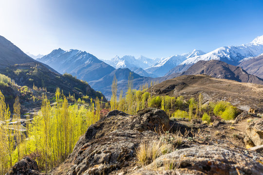 Scenic view of Hunza Valley in autumn between the Karakoram Mountain range in Pakistan
