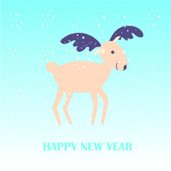 Cartoon fan, cute reindeer on blue, snow sky, Happy New Year stock vector illustration for typography banner, for congratulation card, greeting card