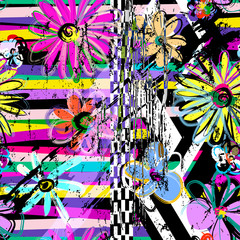 seamless flowers pattern background, retro/vintage style, with stripes,strokes and splashes