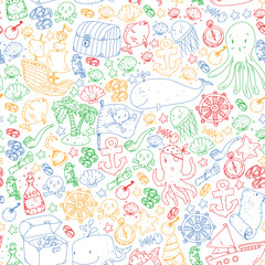 Vector pirate pattern for small boys and girls. Kindergarten, birthday party. Wallpaper for children room, wrapping paper