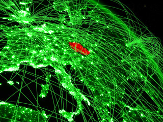 Czech republic from space on model of green planet Earth with network. Concept of green technology, connectivity and travel.