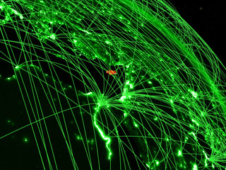 Cyprus from space on model of green planet Earth with network. Concept of green technology, connectivity and travel.