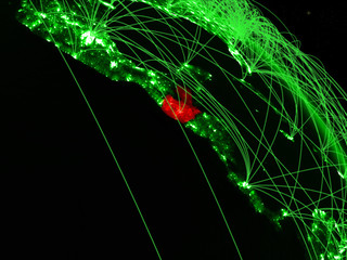 Guatemala from space on model of green planet Earth with network. Concept of green technology, connectivity and travel.