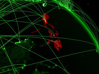 Philippines from space on model of green planet Earth with network. Concept of green technology, connectivity and travel.