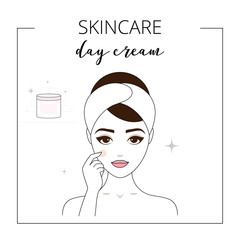 Woman using day cream, taking care about face. Lined vector illustration. .