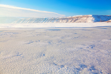 panoramic winter landscape with frozen lake 