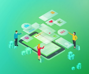 Vector isometric composition with smartphone and people. Colorfu