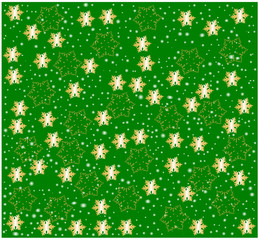 Golden glowing Snow flakes against green background vector illustration festive texture seamless pattern wrapping paper decoration wallpaper fabric cloths