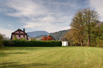Fototapeta na wymiar View of the town of Altenmarkt bei Sankt Gallen in the fall. Styria, Austria.