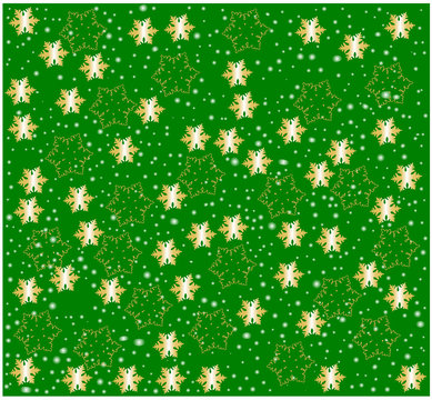 Golden glowing Snow flakes against green background vector illustration festive texture seamless pattern wrapping paper decoration wallpaper fabric cloths