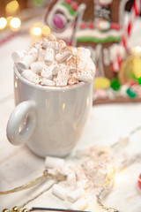 cocoa with marshmallows on a white background, Christmas mood, Christmas toys, Christmas cookies