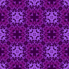 Seamless square pattern from violet and purple geometrical abstract ornaments on lilac background. Vector illustration can be used for textiles, wallpaper and wrapping paper