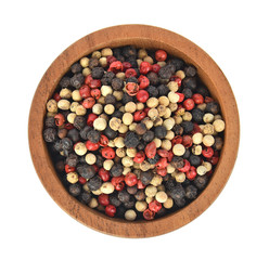 Top view of  Black, red and white pepper in wooden bowl on white background