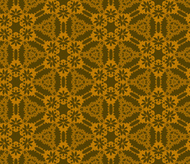Seamless hexagonal pattern from circular abstract floral ornaments multicolored in orange and brown shades on a dark background. Vector illustration. Suitable for fabric, wallpaper and wrapping paper