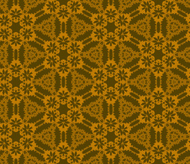 Seamless hexagonal pattern from circular abstract floral ornaments multicolored in orange and brown shades on a dark background. Vector illustration. Suitable for fabric, wallpaper and wrapping paper