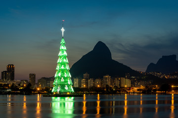 Christmas Tree in the middle of Rodrigo de Freitas lagoon in Rio de Janeiro city, Brazil